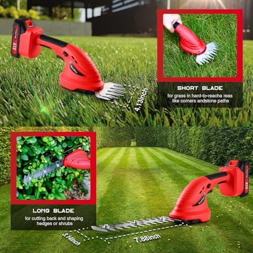 Cordless Hedge Trimmer with Battery (2Pack) and Charger, 2 in 1 Handheld Small Electric Bush Trimmers/Grass Cutter Yard Tool for Shrub/Tree/Lawn, Rechargeable Battery Powered Hedge Clipper for Garden