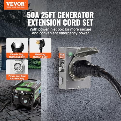 VEVOR 50 Amp Generator Cord and Power Inlet Box Kit, 25FT Generator Extension Cord NEMA 14-50P/SS2-50R STW 6/3+8/1 AWG with Twist Lock Connector, Pre-Drilled Inlet Box, ETL Listed