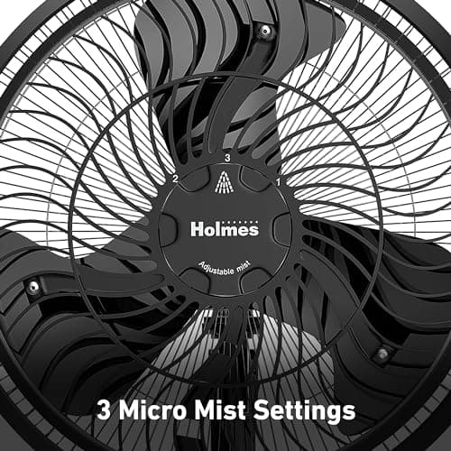 HOLMES 16" Outdoor Misting Stand Fan, Hose Connection, 3 Speeds, 3 Micro-Mist Levels, 80° Oscillation, Adjustable Height, 25° Head Tilt, GFCI Plug, Black