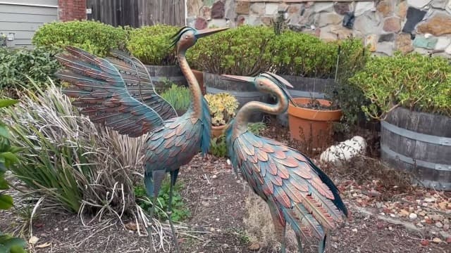 Metal Heron Yard Art, Standing Garden Sculptures & Statues for Outdoor Decor, 38-42 Inch Set of 2, Copper