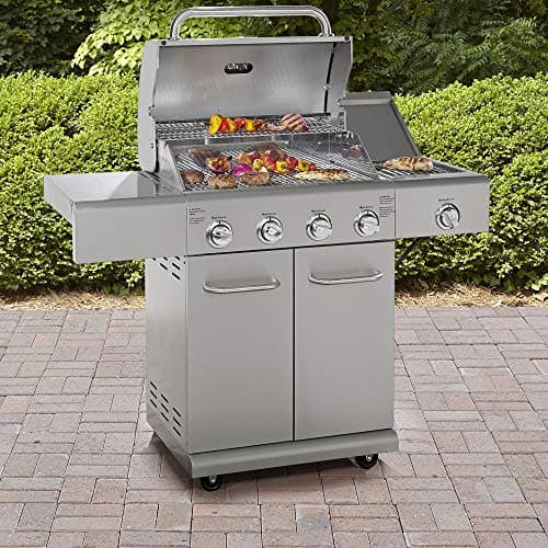 Kenmore 4-Burner BBQ Gas Grill with Searing Side Burner, Stainless Steel Propane Grill, 52,000 BTUs, Cabinet Style, Includes Warming Rack, Electronic Ignition & Stainless Steel Cooking Grates