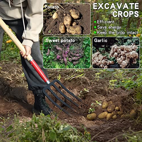 Garden Fork,4 Tine Digging Fork,Pitch Fork for Gardening,Steel Y-Grip,Wood Handel,45Inch
