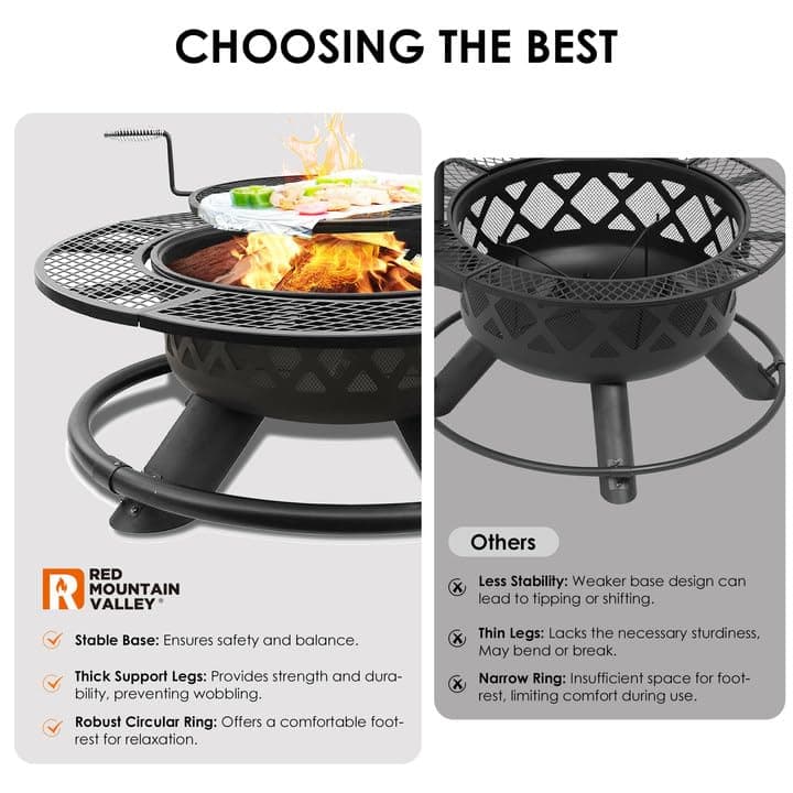 Red Mountain Valley 47" Outdoor Fire Pit with Adjustable Grill,2-in-1 Metal Outdoor Fireplaces, Large Patio Wood Burning Fire Pits for Outside, Ideal for Backyard, Patio, Party