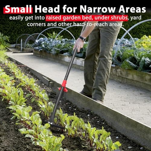 Rake, Adjustable Rake for Leaves with 9”-17” Rake Head, Rakes for Lawns Heavy Duty, 60 in Garden Rake with 18 Clog-Free Tines, Long Handle, Metal Rakes Tool for Gardening, Fast Cleanup Camping Rake