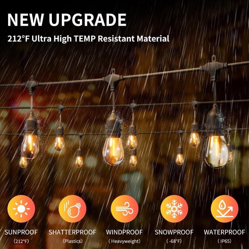 50FT Outdoor String Lights Waterproof with 30+2 Bulbs(𝟏.𝟓𝐅𝐓 𝐁𝐮𝐥𝐛𝐥𝐬 𝐒𝐩𝐚𝐜𝐢𝐧𝐠), Remote & Dimmer, Commercial Grade Patio Lights with 3 Mode Light & Timing,100PC Ties for Outside