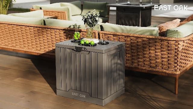 EAST OAK Outdoor Storage Box | 31 Gallon Deck Box Indoor and Outdoor Use | Waterproof Resin Storage Bin with Latch for Patio Cushions, Gardening Tools | UV Resistant | Deep Grey