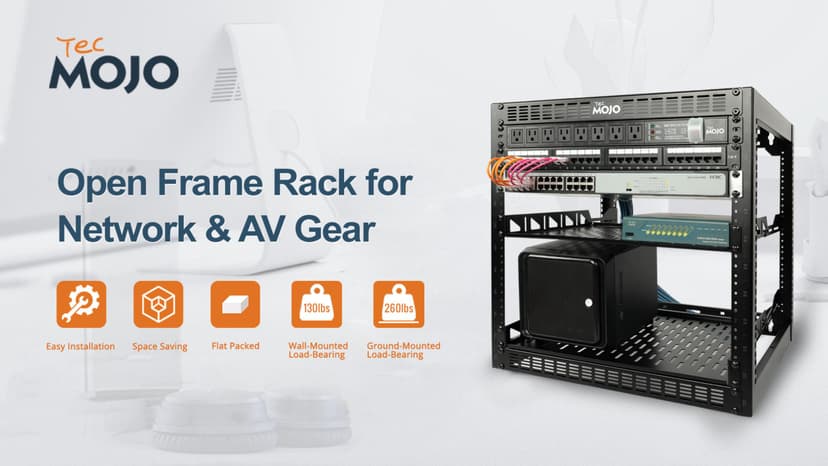 Tecmojo 20U Open Frame Network Rack for IT & AV Gear, Black, Alloy Steel, Rack Mount, Wall Floor Mount, Compatible with Networking Devices, Servers, IT Equipment