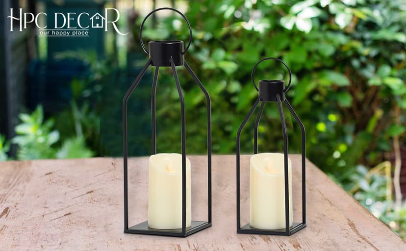 HPC Decor Modern Farmhouse Lanterrn Decor- Black Metal Candle for Christmas- Lanterns w/Timer Flickering Candles for Living Room,Home,Indoor, Outdoor,Table,Fireplace Mantle Décor