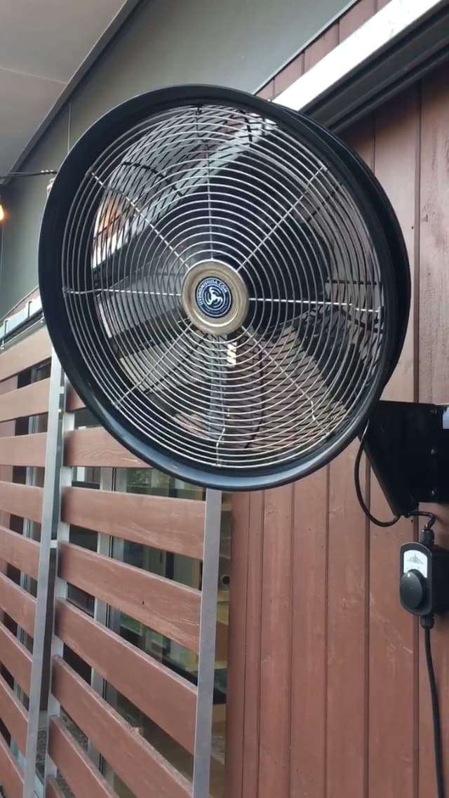 Hydromist Oscillating Wall Mounted Outdoor-Rated Fan, 3-Speed Cord Control, Hard Resin Fan Blade with Mounting Bracket and Black Cover, 18”, Metallic Silver