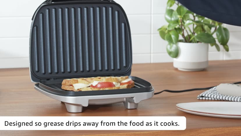 Hamilton Beach Electric Indoor Grill, 6-Serving, Large 90 sq. in. Nonstick Easy Clean Plates, Floating Hinge for Thicker Foods, 1200 Watts, 6.38"D x 12.68"W x 13.78"H , Silver (25371)