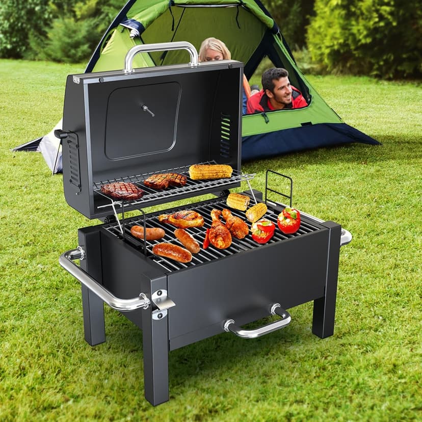 Portable Charcoal Grill, Tabletop Charcoal Grill, Small BBQ Grill with 2-layer Grates and Thermometer(100-800°F), Outdoor Charcoal Smoker for Camping, Picnic, Hiking, Beach and Travel