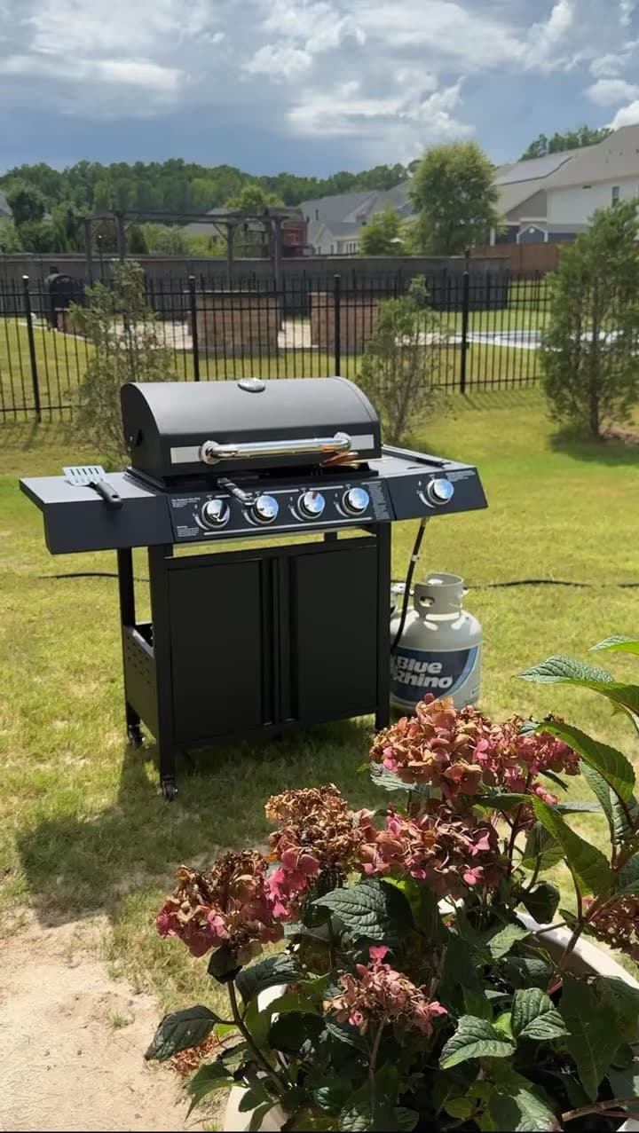 4-Burners Propane Gas Grill with Side Burner, 50,000 BTU Outdoor BBQ Grill, Cast Iron Cooking Grate with Wheels for Outdoor Patio Garden