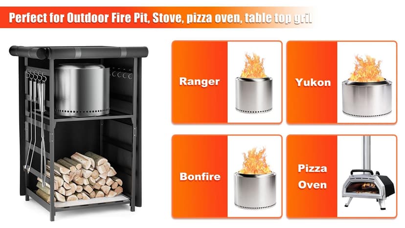 Storage Station 4.5ft for Solo Stove Yukon, Bonfire, Ranger and other Fire Pit Stove, Firewood Storage Cabinet with Waterproof Cover, Adjustable Firewood Rack for logs and Fire Pit Accessories