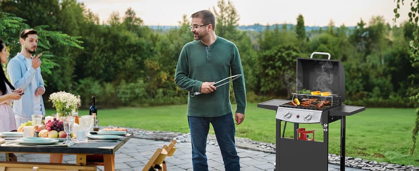 Cowsar 2 Burner BBQ Propane Gas Grill, Stainless Steel 20000 BTU, Equipped with Sides Burner and 4 Wheels for Easy Mobility, Ideal for Outdoor Kitchens and Backyard Patio Barbecues