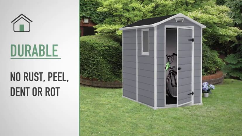 Keter Manor 4x6 Resin Outdoor Storage Shed Kit-Perfect to Store Patio Furniture, Garden Tools Bike Accessories, Beach Chairs and Lawn Mower, Grey & White
