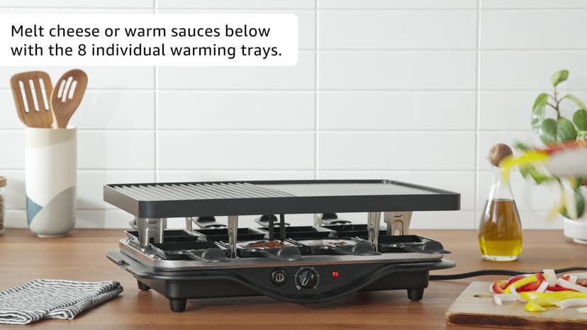 Hamilton Beach Electric Indoor Raclette Table Grill, PFAS-Free Serves up to 8 People for Parties and Family Fun, Includes 8 Warming Trays, Black (31612MN-MX), 200 sq. in. Nonstick Griddle