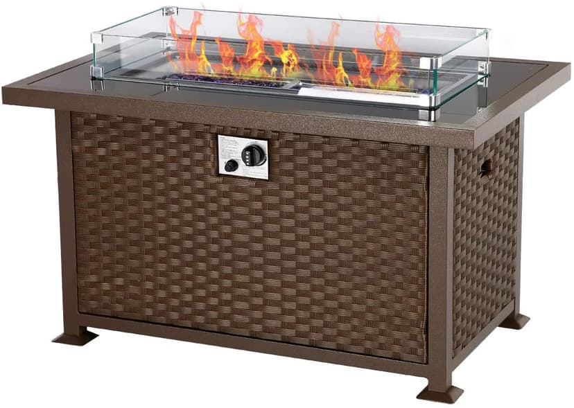 U-MAX 44in Outdoor Propane Gas Fire Pit Table, 50,000 BTU Auto-Ignition Gas Firepit with Glass Wind Guard, Black Tempered Glass Tabletop & Blue Glass Rock, Brown PE Rattan, CSA Certification