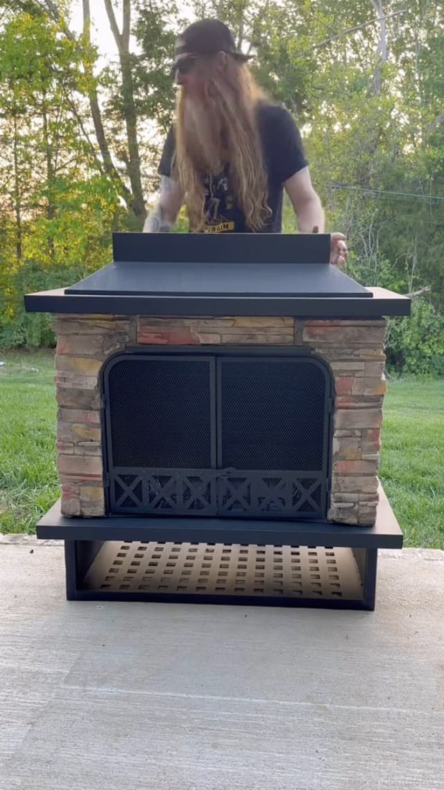 Sunjoy Outdoor Fireplace, Heavy Duty Patio Wood Burning Fireplace with Steel Chimney, Mesh Spark Screen Doors, Removable Grate and Fire Poker, Black