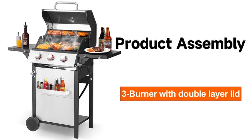 3-Burner Propane Gas Grill, Stainless Steel Cabinet with Side Table & Knob Controls, BBQ Cast Iron Grates and Thermometer for Outdoor Cooking, Patio, BBQ