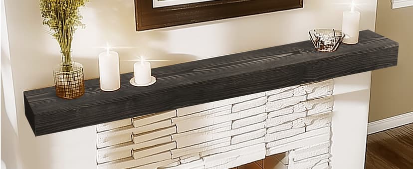48x8x3 Fireplace Mantel - Handcrafted Hollow Rustic Solid Wood Wall Mounted Floating Shelf with Invisible Heavy Duty Wood Bracket (Weathered Black)