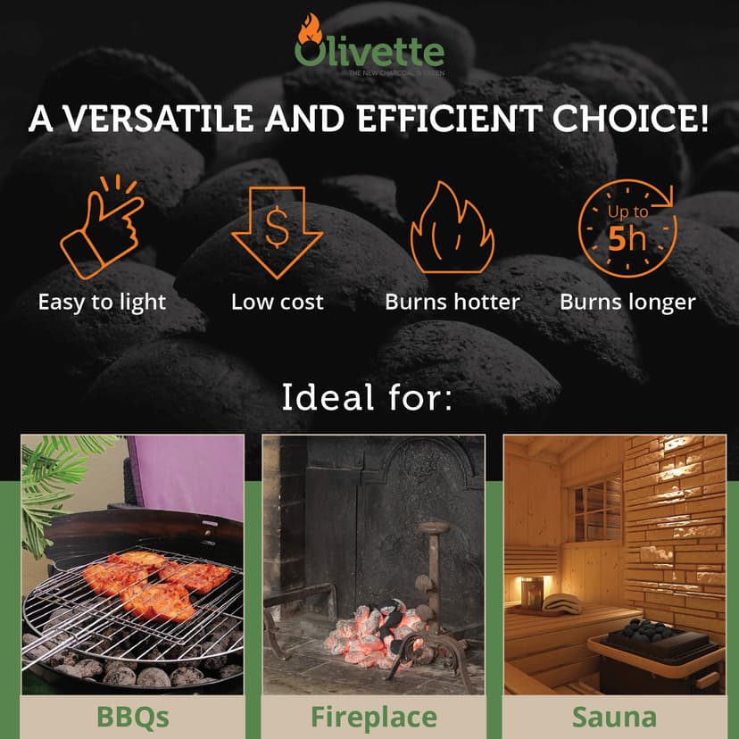 Organic Charcoal Briquettes by Olivette, Reusable Charcoal for Grilling, USDA Certified, Recycled Olive Tree Byproduct, Ready to Light BBQ Charcoal, 6.6 lb. Bag Equal to 20 lb. of a Regular Charcoal