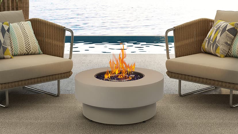 Propane Outdoor Fire Pit Table, Flint & Concrete Look 33-inch Round Patio Gas Fire Table 50,000 BTU w/Lid, Fire Glass, Heavy Duty Rain Cover, Pre-Attached 10ft Propane Hose