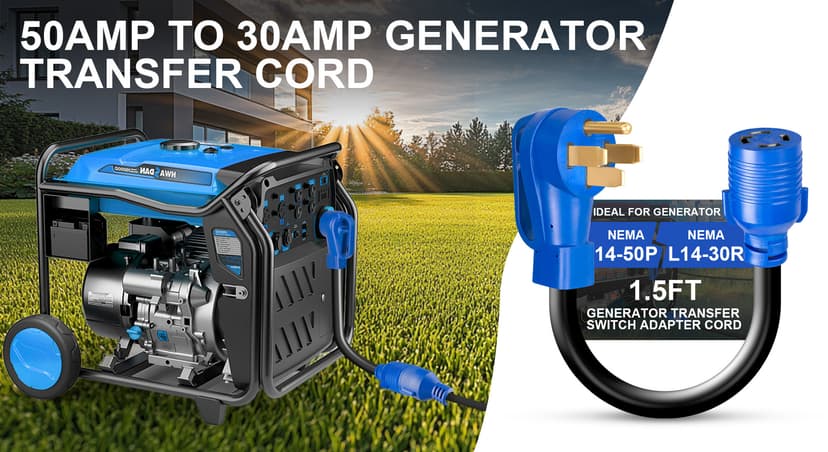 NEMA 14-50P to L14-30R Generator Transfer Switch Adapter Cord, 50A Male to 30A Female 250V/125V Generator RV EV Dryer House Adapter Plug, Twist Lock 4-Prong, STW 10AWG Heavy Duty Cable, 18 Inch