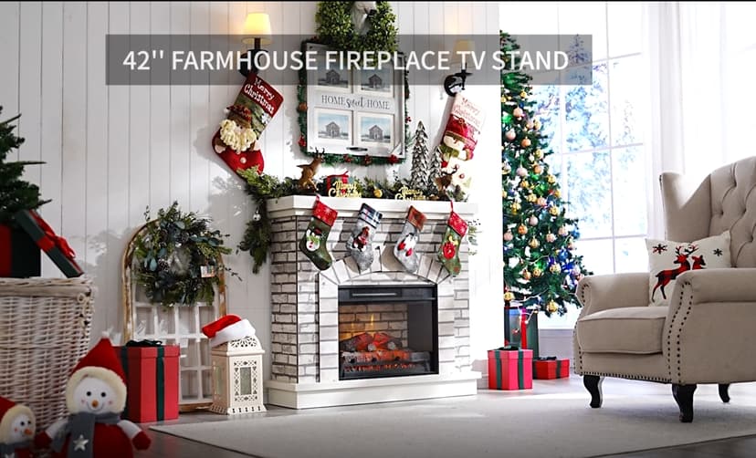 42" Electric Fireplace with Mantel, Farmhouse Fireplace TV Stand w/23'' Freestanding Electric Fireplace Heater, Remote Control, Adjustable 3D Realistic Flame Level for Living Room, Light Grey