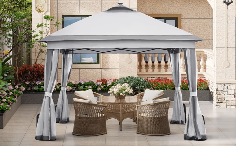 Yaheetech 11'x11' Pop Up Gazebo Instant Tent with 17 Solar LED Lights & Zippered Mesh Netting, Outdoor Shelter Sun Shade Gazebo with Sandbags for Backyard Garden Patio, Khaki & Brown