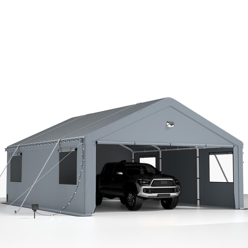 2 Car Carports 20X20 Heavy Duty with Removable Side Walls, Car Port Canopy, Portable Shelter, All Weather, Gray