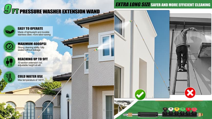 Gutter Cleaning Tools From the Ground, 10 Pack 9 FT Pressure Washer Extension Wand, Power Washer Lance With 6 Pressure Washer Spray Nozzle Tips, 30°, 90°, 120° Gutter Cleaner Curved Rod, 4000 PSI