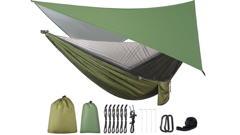 Camping Hammock with Rain Fly Tarp and Mosquito Net Portable Single Double Hammock Tent with Tree Strap Backpacking Hammock with Rain Cover for Hiking Travel Yard Activities Green