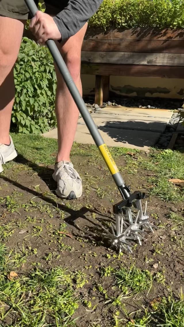 Rocklin Rotary Cultivator Tool - 60” Extra Long Handle - Aluminum Tines - Light Duty - for Softer Soils and Lawns - Also Great for Raised Bed Cultivating