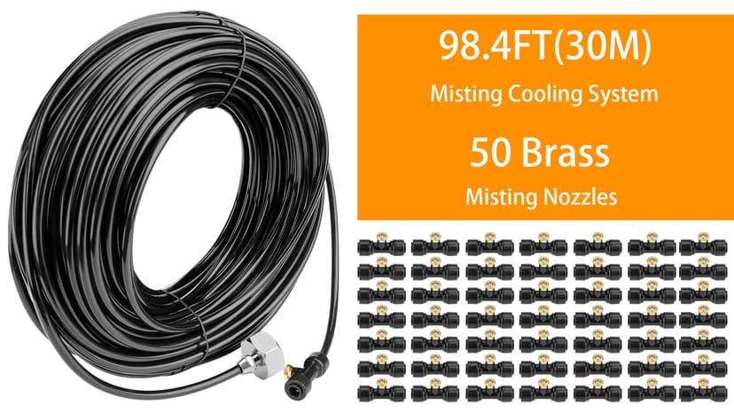 Misting Cooling System 98.4FT (30M) Misting Line + 50 Brass Mist Nozzles + 50 T-Connectors + 1 Faucet Adapters (3/4") Outdoor Mister for Patio Garden Greenhouse Trampoline for Waterpark