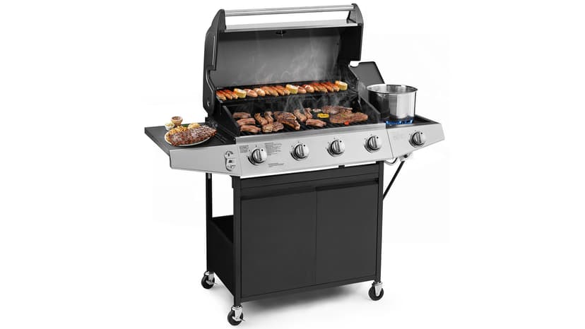 4 Burners Gas Grill with Side Burner, Propane Grill with Wheels and Storage, Outdoor Gas BBQ with Oil Tray and Thermometer for Patio and Party, 49200 BTU