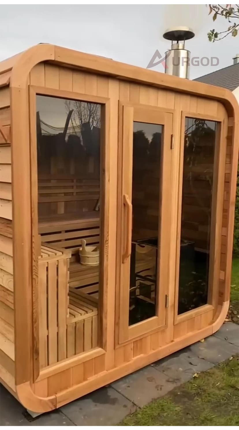 Customize Luxury Outdoor Sauna 6-10 Person, Canadian Hemlock, Red Cedar Sauna, Porch Option, Glass Window Option, Wood Burning Stove or Harvia Heater with Rocks, Extra Large Backyard Saunas (0-195 °F)
