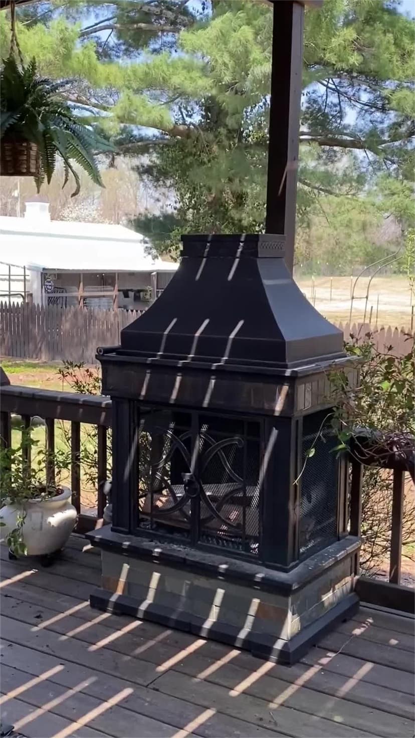 Sunjoy Outdoor Fireplace, Smith Collection Patio Wood Burning Steel Fireplace with Chimney, Spark Screen, Fire Poker, and Removable Grate, Copper with Yellow Tile