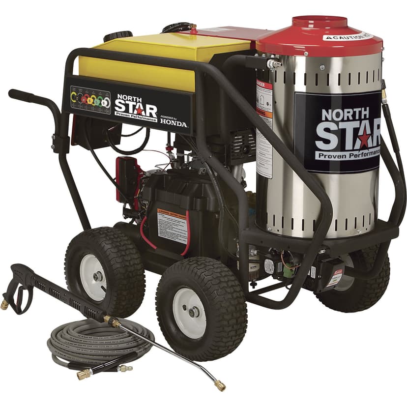 North Star Hot Water & Wet Steam Pressure Washer with Power Nozzles, Lance, Washing Gun, and Hose - Gas Powered, 3000 PSI, 4 GPM, Electric Start Honda Engine