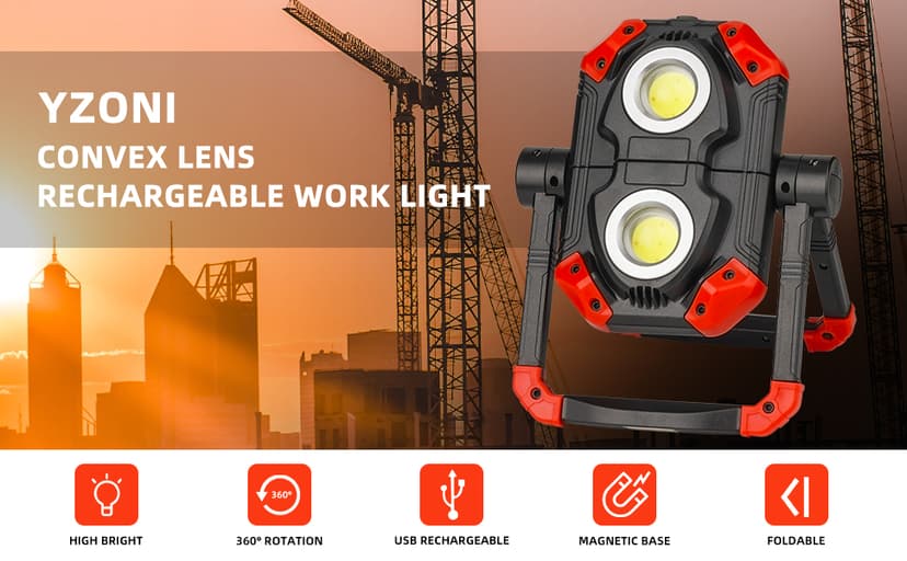 Yzoni 2 Pack LED Work Light Rechargeable, 2 COB 2500LM Folding Portable Flood Light with Magnetic Base and 360° Rotation Stand, Spotlights for Camping Car Repairing Emergency Job Site Lighting