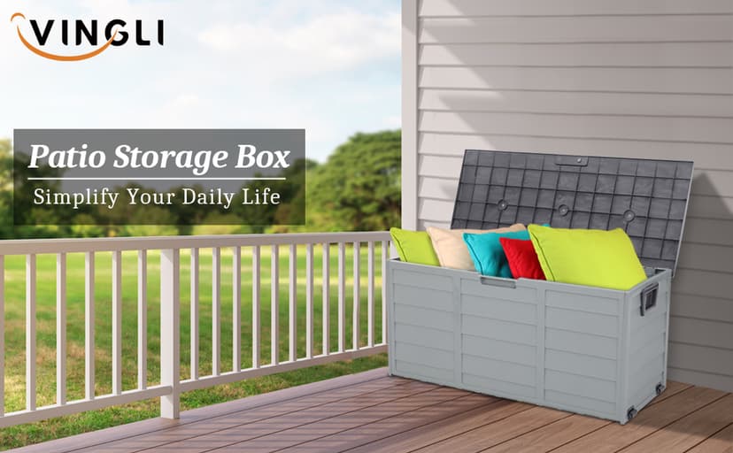 VINGLI Upgraded 75 Gallon Outdoor Storage Box, Lockable Plastic Storage Containers with Lid, Patio Deck Box Furniture for Garden, Pool, Balcony, Yard (Grey)