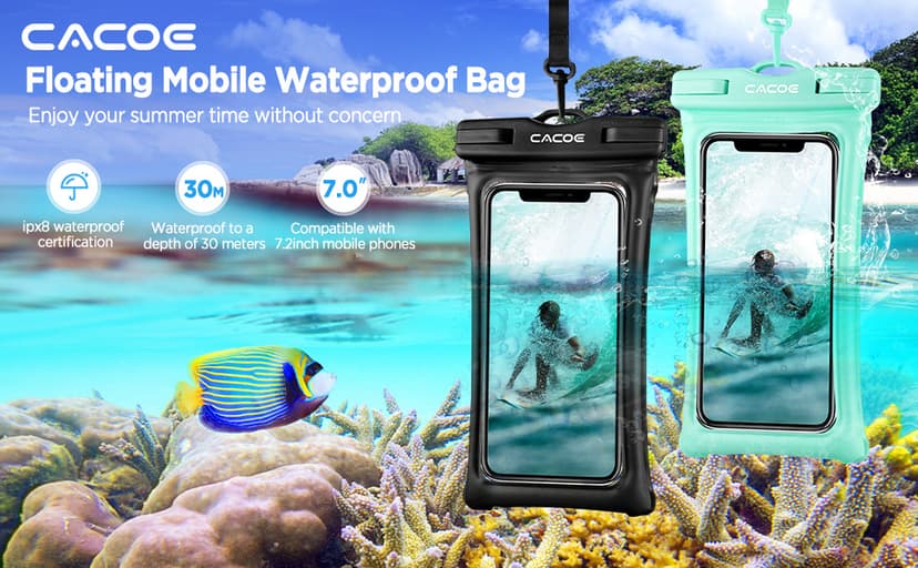 CACOE [Floatable] Floating Universal IPX8 Waterproof Phone case 2 Pack-Up to 7.0",Adjustable Lanyard Phone Pouch,Cellphone Dry Bags for Vacation Beach Pool Kayak Cruise Travel Essentials（Black+Green）