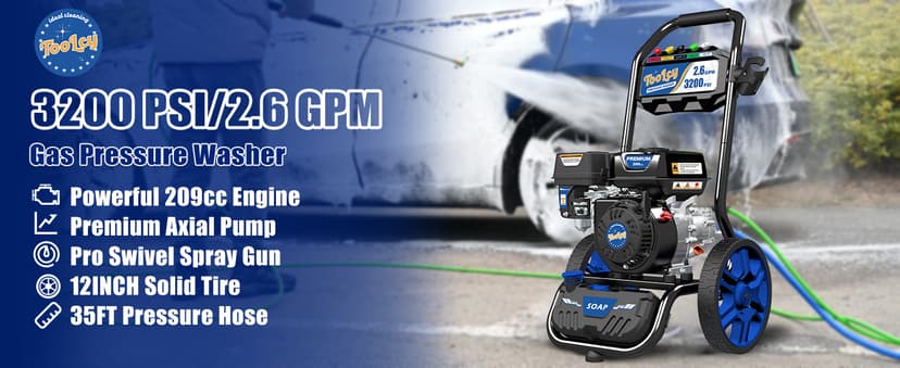 TOOLCY Gas Pressure Washer 3200 PSI & 2.6 GPM, High Performance Engine, Includes Swivel Spray Gun and Wand, 35FT Power Washer Hose, 5 Nozzle Tips, Onboard Soap Tank, for Cars/Driveways/Homes
