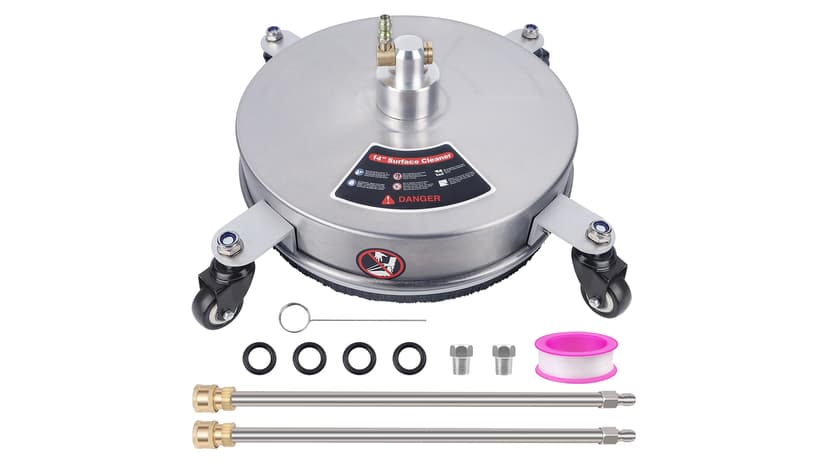Biswing 14" Pressure Washer Surface Cleaner with 4 Wheels, Stainless Steel Power Washer Accessory for Driveways Sidewalks Patios Cleaning, 1/4" Quick Connector, 2 Extension Wand Attachments, 4000 PSI