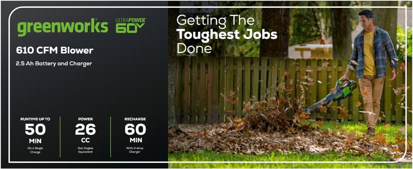 Greenworks 60V (610 CFM / 130 MPH) Cordless Leaf Blower, High Power, Lightweight & Quiet Operation for Wet Leaves, Driveways and Dense Gravel, Includes 2.5Ah Battery & 5A Rapid Charger