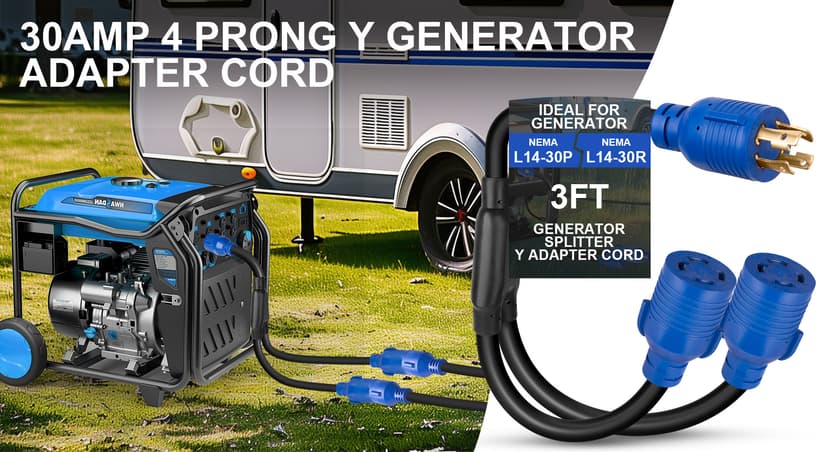 4-Prong 30 Amp Generator Splitter Y Adapter NEMA L14-30P to 2X L14-30R, 10 AWG SJTW Locking Power Cord, 125/250V 7500W for Manual Transfer Switch, Portable Generators & Emergency Power, 3ft