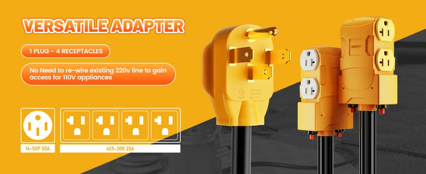 MECMO 50 Amp to 20 Amp 110V RV Distribution Adapter, NEMA 14-50P to 4 X 5-20R/15R RV 4-Prong to Mutiple Household Outlet w/ 20amp Circuit Breaker, ETL Listed RV Generator Distribution Cord