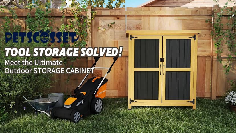 Outdoor Storage Cabinet, Weatherproof Horizontal Storage Shed Box with Lockable Doors, Wood & Metal Patio Backyard Organizer for Lawn Equipment, Gardening Tools, Pool Accessories Yard Supplies