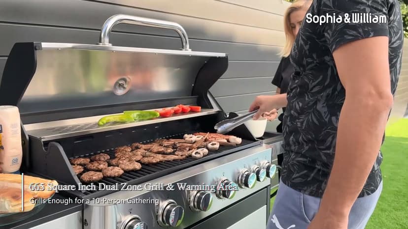 Sophia & William 6-Burner Propane Gas BBQ Grill with Side Burner & Porcelain-Enameled Cast Iron Grates, Stainless Steel Barbecue Grills Outdoor Cooking for Outside, 665 SQ.IN. Cooking Area, 65,800BTU