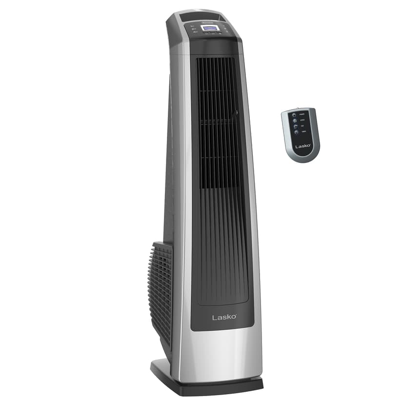 Lasko Oscillating High Velocity Tower Fan, Remote Control, Timer, 3 Powerful Speeds, for Garage, Basement and Gym, 35" Silver and Black, U35115, Large
