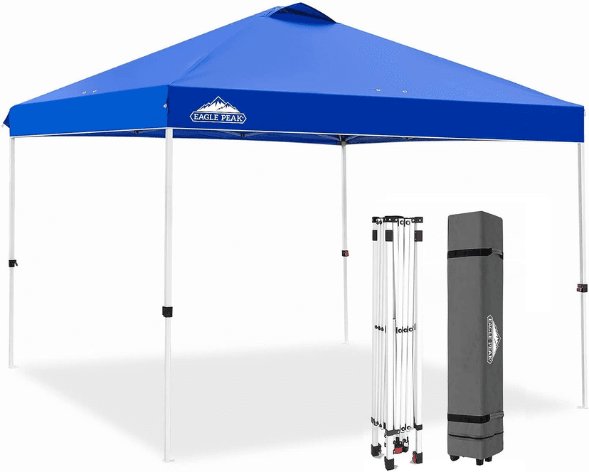 EAGLE PEAK Pop Up Canopy Tent with Wheeled Carry Bag, 8 Stakes, 4 Ropes, 4 Weight Bags, Easy Set Up Tent Canopy, 10x10 ft, 100sqft of Shade, Blue